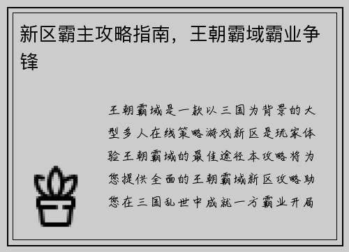 新区霸主攻略指南，王朝霸域霸业争锋